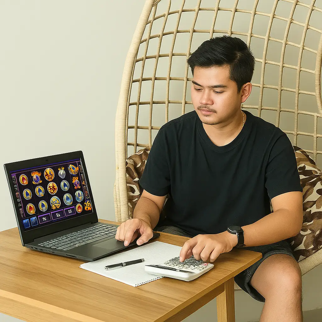 Seorang pemain menggunakan kalkulator untuk menerapkan strategi menang slot online melalui manajemen modal yang bijak