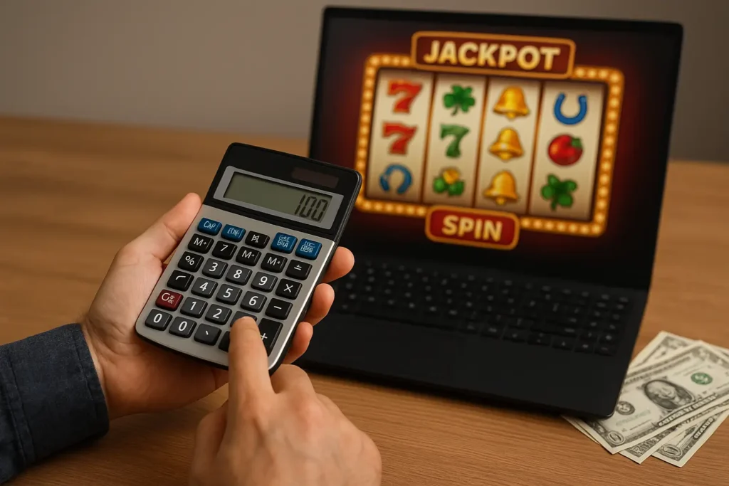 Seorang pemain menggunakan kalkulator untuk menerapkan strategi menang slot online melalui manajemen modal yang bijak.